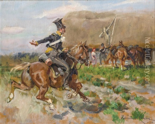 A Mounted Polish Uhlan Officer Oil Painting - Woiciech (Aldabert) Ritter von Kossak