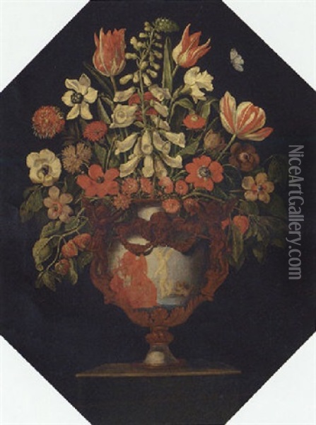 A Foxglove, Parrot Tulips, Poppies, Daffodils, Chrysanthemums And Other Flowers In An Ormolu-mounted Urn On A Pedestal Oil Painting - Giacomo Recco
