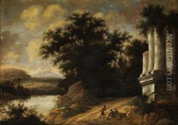 Sudliche Fantasielandschaft Mit Antiker Tempelruine Oil Painting - Cornelis Van Poelenburch