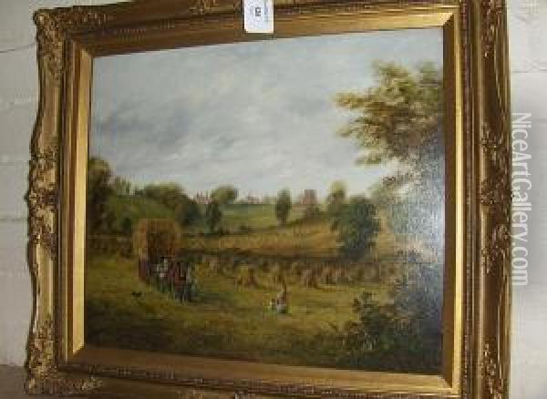 Figures With Horse And Wagon Bringing In Theharvest, Signed, Oil On Canvas Oil Painting - Edward Partridge