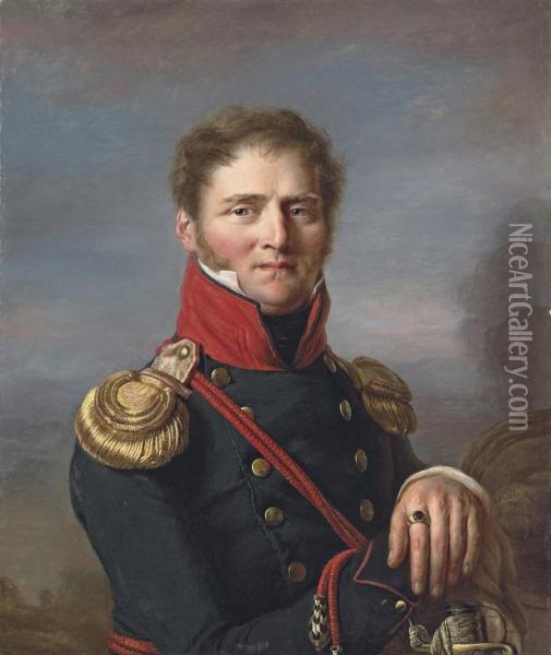 Portrait Of Nicolas-frederic Freudenreich (1776-1858), Half-length, In An Officer's Uniform, Leaning On A Cannon, A Battle Beyond Oil Painting - Pierre Nicolas Legrand
