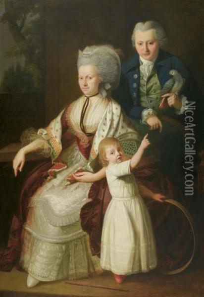 Parents With Child And Parrot. Oil Painting - Johann Heinrich The Elder Tischbein