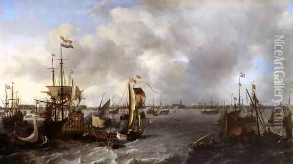 View of Amsterdam with Ships on the Ij Oil Painting - Ludolf Backhuysen