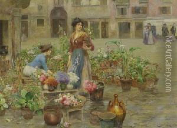 Venezianische Blumenverkauferinnen Oil Painting - Cesare Vianello