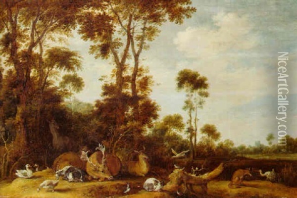 Deer, A Goat,a Cat, A Fox, And Birds In A Wooded Landscape Oil Painting - Gillis Claesz De Hondecoeter