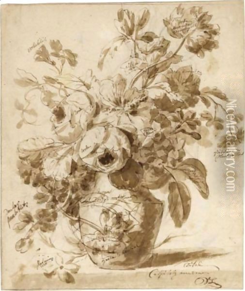 Still Lifes, Of Peonies, Narcissi And Other Flowers, One With A Porphyry Vase Oil Painting - Willem van Leen