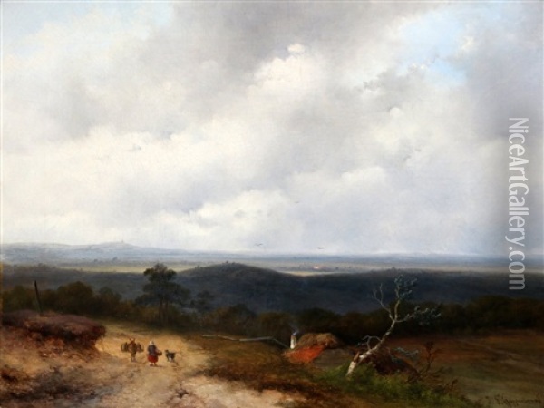Vrouw Met Ezel Op Een Zandweg In Een Glooiend Landschap Oil Painting - Johannes Franciscus Hoppenbrouwers
