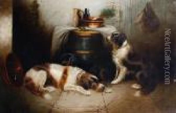 Dogs In The Larder Oil Painting - George Armfield