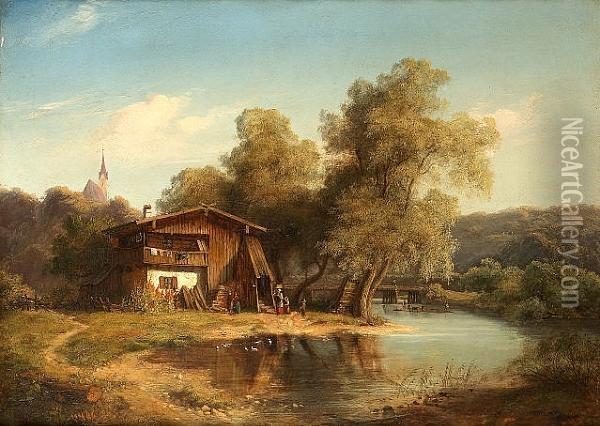 A Rhineland Landscape With Figures By A Chalet Oil Painting - Siegfried Massmann