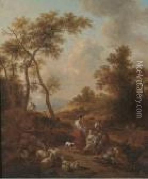 An Italianate Landscape With Jacob, Leah And Rachel Oil Painting - Nicolaes Berchem