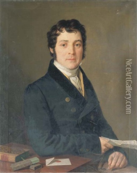 Portrait Of A Gentleman, Bust-length, With A Letter, At A Desk Oil Painting - Johann Friedrich Baumann