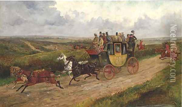 The London to Norwich coach with a hunt beyond Oil Painting - George Finch Mason