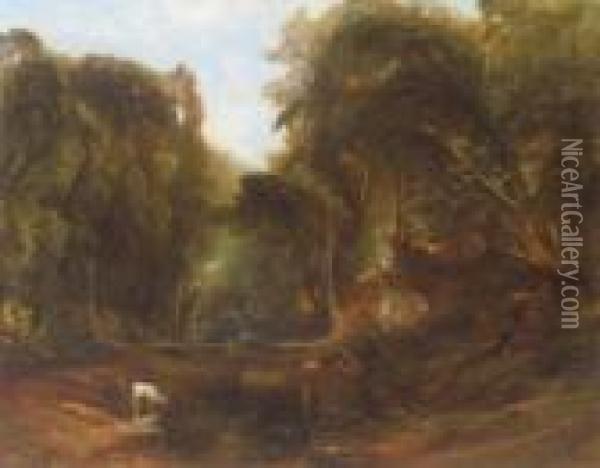 Woodland Landscape With Deer Oil Painting - James Baker Pyne