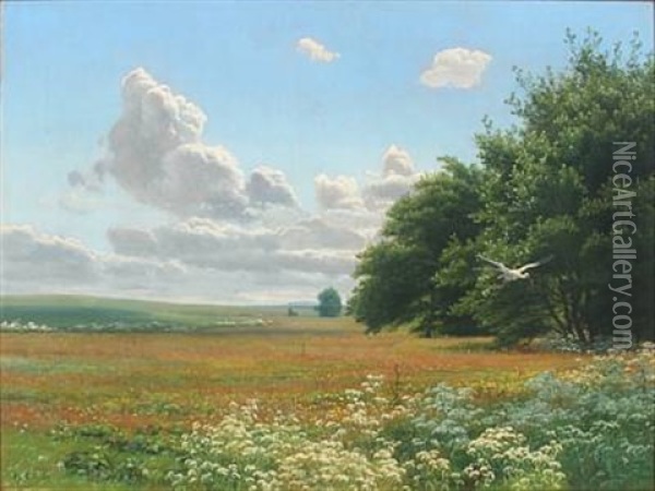 Summer Landscape With Flying Stork Over A Flowering Meadow Oil Painting - Janus la Cour