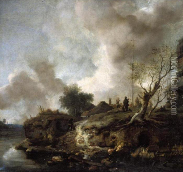 A Landscape With A River And Figures Shooting The Popinjay Oil Painting - Pieter Wouwermans or Wouwerman