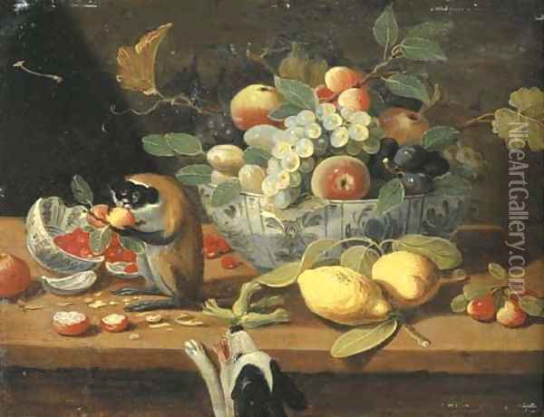Grapes, plums and other fruit in a bowl, lemons and other fruit on a ledge with a monkey, a dog below Oil Painting - Jan van, the Younger Kessel