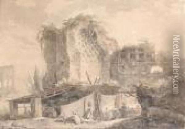 Lavandieres Etendant Du Linge Dans Les Ruines D'un Edifice Oil Painting - Hubert Robert