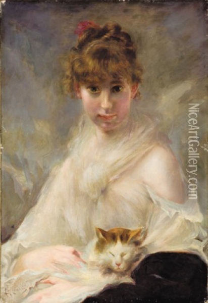 Portrait Of Young Woman With Kitten Oil Painting - Charles Joshua Chaplin