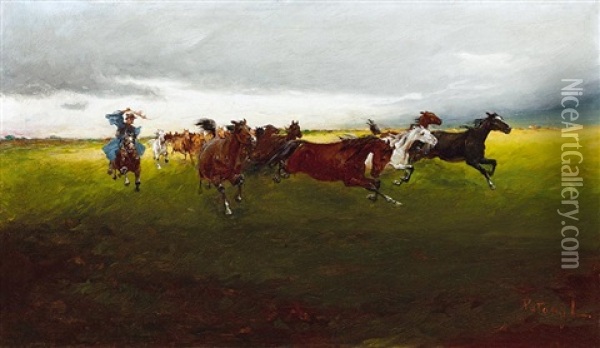 Horses Gallopping Oil Painting - Laszlo Pataky
