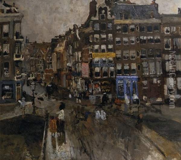 Paleisstraat, Amsterdam: View On The Singelbrug And The Paleisstraat, Amsterdam Oil Painting - George Hendrik Breitner