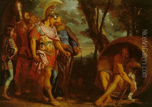 Alexander The Great, Aristotole And Diogenes Oil Painting - Angelo Barbieri Trevisani