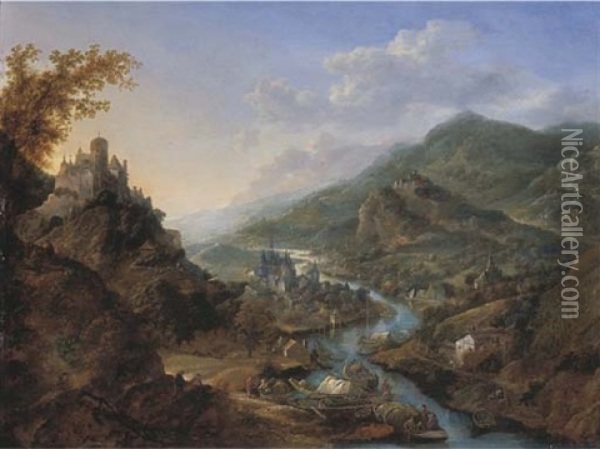 A Rhenish Landscape With Travellers And Figures On Moored Boats Near A Castle On A Hill, A Town Beyond Oil Painting - Jan Griffier the Elder