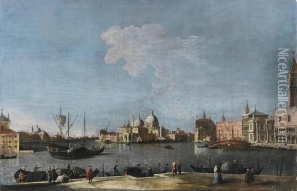 Venice, A View Of The Bacino Di 
San Marco Looking Towards The Punta Della Dogana, With The Bucintoro 
Anchored At The Edge Of The Piazzetta Oil Painting - Bernardo Canal