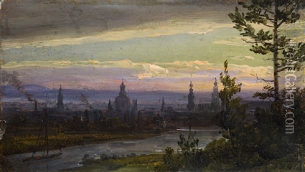 Two Views Of Dresden By Moonlight (2 Works) Oil Painting - Johan Christian Dahl