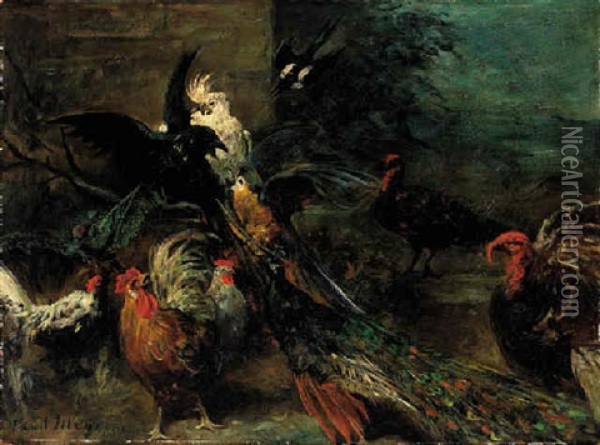 A Peacock, Parrot, Cockatoo, Roosters, Turkeys And A Crow In A Landscape Oil Painting - Paul Friedrich Meyerheim