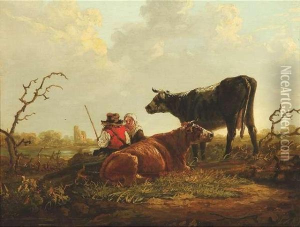 A Peasant Couple With Their Cattle Oil Painting - Jacob Van Stry