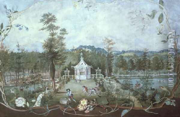 Chinese Pavilion in an English Garden, 18th century 2 Oil Painting - Thomas Robins