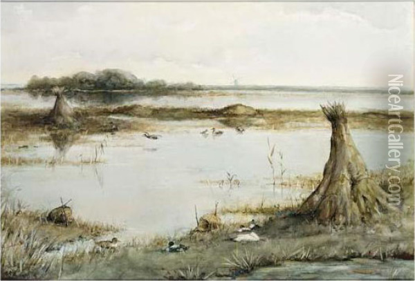 A Polder Landscape Near Kortenhoef Oil Painting - Geo Poggenbeek
