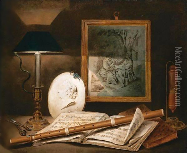 Natura Morta Con Flauto, Spartito Musicale, Lume E Forbici Oil Painting - Etienne Moulinneuf