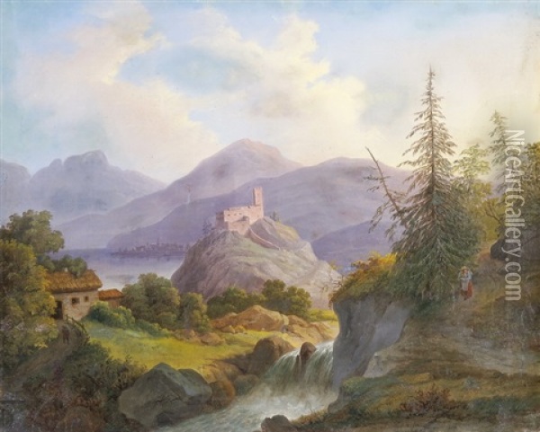 Flusslandschaft Mit Burg Und Stadtchen In Der Ferne Oil Painting - Matthias Rudolf Toma