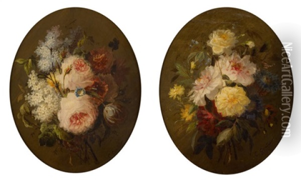 Bouquets Fleuris (2 Works) Oil Painting - Clement Gontier
