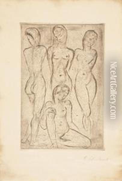 Vier Frauen (drei Stehend, Eine Sitzend) Oil Painting - Wilhelm Lehmbruck