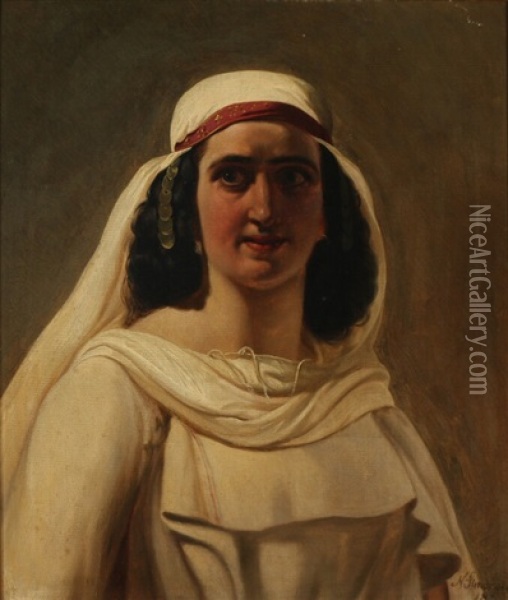 Ung Sydeuropaeisk Kvinde I Hvid Folderig Dragt Oil Painting - Niels Simonsen
