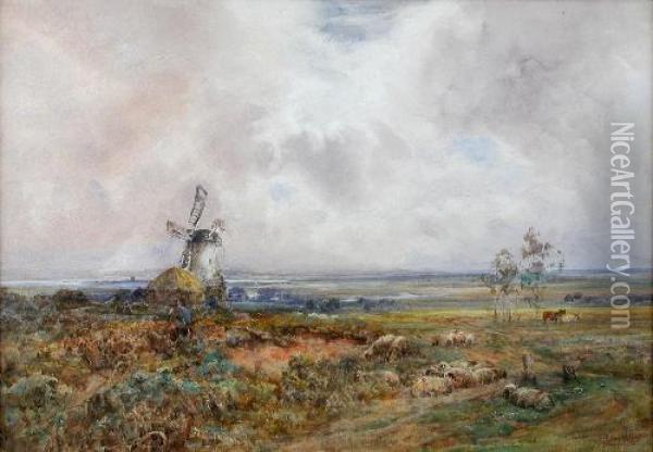 Awindmill And A Hayrick By The Sea Oil Painting - Claude Hayes