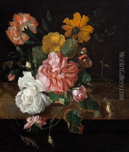 Arrangement Of Flowers On A Stone Slab With Butterfly, Small Snail And Further Insects Oil Painting - Ernst Stuven