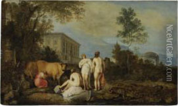 Bathers And A Milkmaid By A Palace In An Italian Landscape Oil Painting - Moyses or Moses Matheusz. van Uyttenbroeck