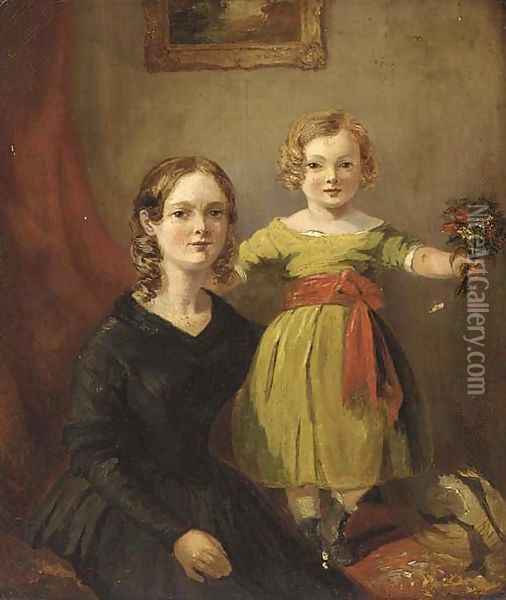 Portrait of a mother and child, the mother in a black dress and her child in a green dress holding a posy, in an interior Oil Painting - English School