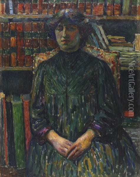 Portrait De Femme Dans La Bibliotheque Oil Painting - Eugene Carriere