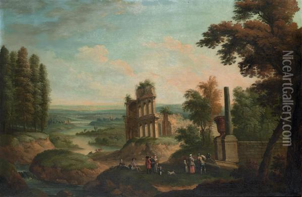 An Extensive River Landscape With Elegant Company By Classical Ruins Oil Painting - Robert Griffier