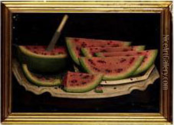 Watermelon Wedges On A White Platter On A Marble-topped Table Oil Painting - Daniel Mcdowell
