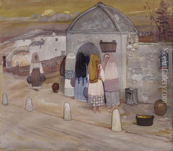 Sera In Un Villaggio - Comari Sarde Alla Fonte Oil Painting - Giuseppe Biasi Da Teulada