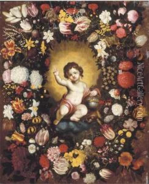 A Garland Of Flowers Surrounding An Image Of The Infantchrist Oil Painting - Nicolas Van Veerendael