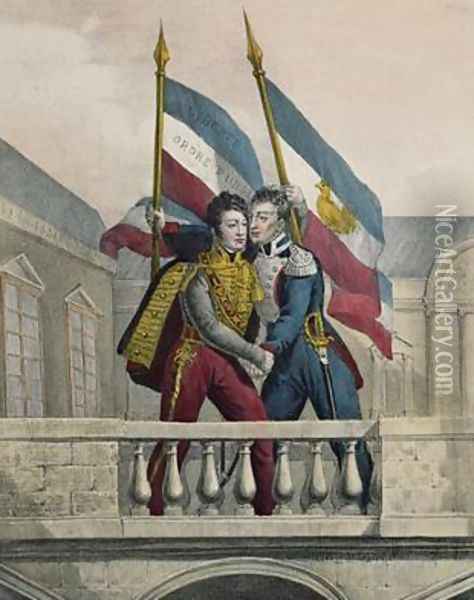 The Duke of Orleans embracing General La Fayette and raising the national colours on the terrace of the Palais Royal Oil Painting - Labastide