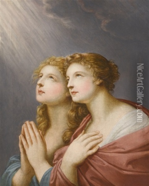 Study For Two Female Figures Praying Oil Painting - Friedrich Heinrich Fueger