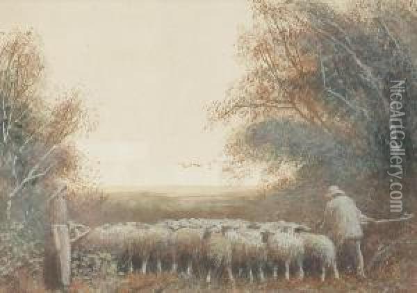 'driving The Flock' And 'a Winter Pool' Oil Painting - Fred Hines