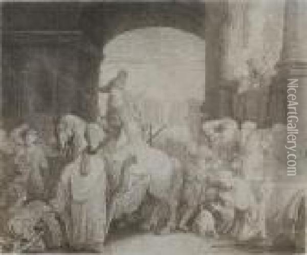 The Triumph Of Mordechai (bartsch 40) Oil Painting - Rembrandt Van Rijn